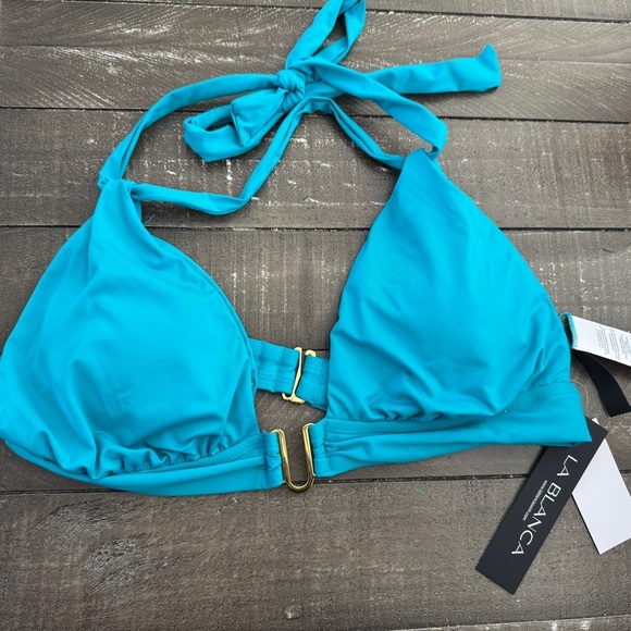 LA BLANCA Island Goddess Over Shoulder Halter Triangle Top Turquoise 14 NEW - Picture 2 of 7